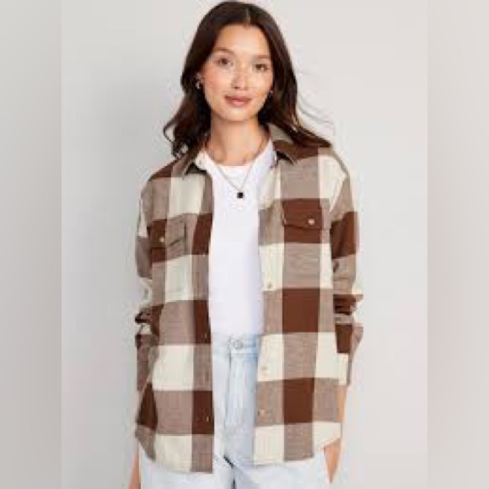 Old Navy Loose Flannel Boyfriend Shirt Plaid Desert Floor Brown